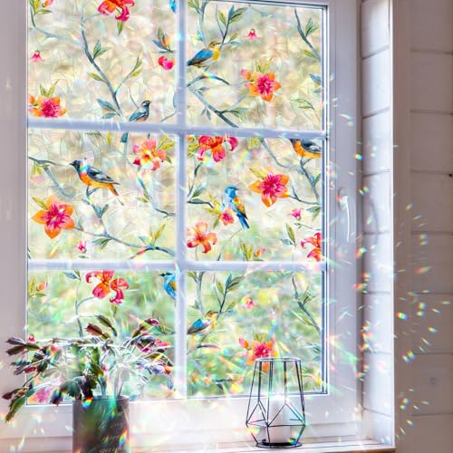 funlife Privacy Rainbow Window Film, Watercolor Static Cling Window Stickers, Non-Adhesive Double-Sided Vinyl Film, Colorful Birds and Flower Hawaii 43x100cm