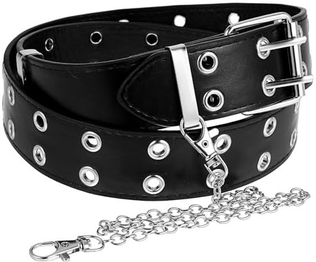 JJUNW Nietengürtel Damen, Punk Gürtel mit Nieten Doppelloch Ledergürtel, Hip Hop Gürtel Rock Punk Ösengürtel Damen Herren Punkgürtel für Jeans Kleids Hose