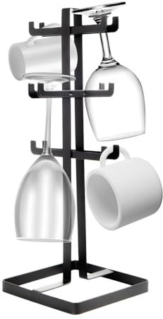 XINGYATU Mug Tree, Multipurpose Cup Holder for Kitchen, Metal Coffee Tea Mug Rack 6 Mugs, Hanging Wine Glasses Holder for Large Mugs, Stable Mug Holder for Kitchen Counter Cabinet Cafe (Black)