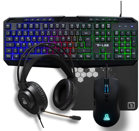 The G-Lab - Combo Natrium - Pack Clavier Souris Gamer 4 en 1 - Clavier Gamer AZERTY USB, RGB, 19 Touches Antighosting, Souris Gamer 6400 Dpi, Casque Gaming & Tapis de Souris - PC/PS4/PS5/XBOX
