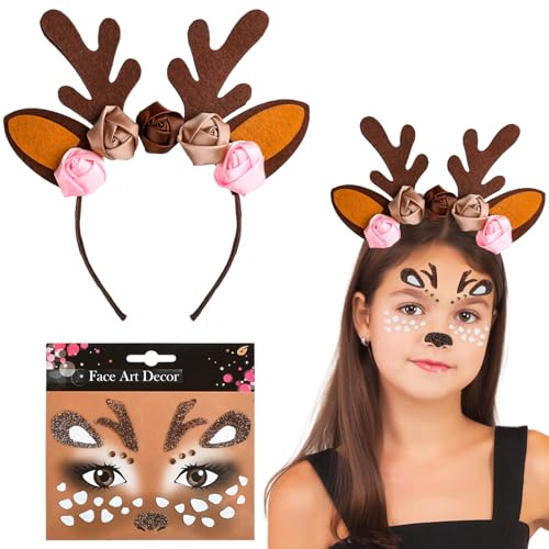 LUYANFX Rentier Haarreif, Weihnachts Stirnbänder, Rentier Geweih Stirnband mit Gesicht Aufkleber, Rentier Kopfschmuck Kinder Mädchen für Weihnachten Karneval Kostüme Cosplay Party