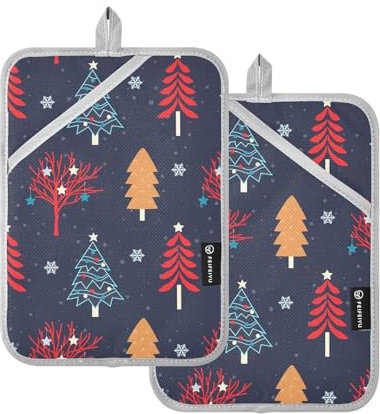 Set di 2 presine resistenti al calore per la cucina, alberi di Natale festivi ed eleganti, con tasche, per pasticceria, cucina, grigliate