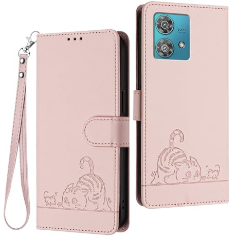 WBWONE Funda Cuero para Motorola Moto Edge 40 Neo Cartera Magnética Carcasa RFID, Ranuras Tarjetas/Soporte Plegable Patrón Gato Diseño - Oro Rosa