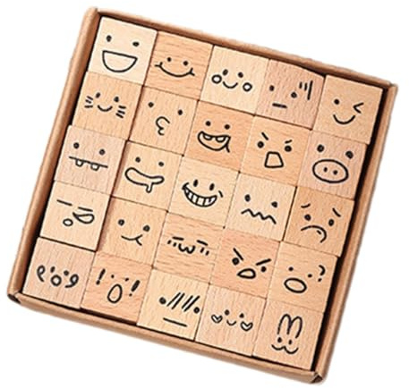Nishiyuenyi 25 Stück Stempel Aus Holz, Set mit Box für DIY Projekte, Scrapbooking Und Journaling, Emoji