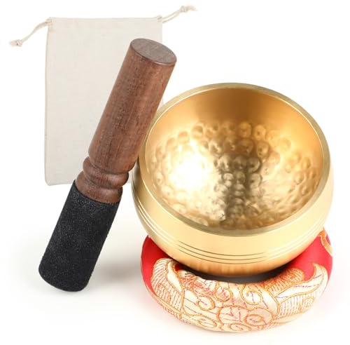 Tibetische Klangschalen Set - Klangschale, handgefertigt aus Messing, 8 cm Durchmesser, mit Holzklöppel, Unterlage und Stoffbeutel, für Achtsamkeit, Meditation, Stressabbau, Heilung, Yoga