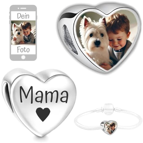 2Burned Personalisierter 1x Schmuck mit Bild, Foto-Charm kompatibel mit europäischem Schlangenarmband, Liebe Herz, Fügen Sie Ihr Bild hinzu, gravierter Text, Familie, Edelstahl