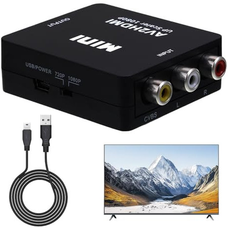 tlidfgeo RCA auf HDMI Konverter, AV zu HDMI Adapter, 1080P Mini Composite CVBS Video Audio Adapter, Unterstützt PAL/NTSC, Kompatibel mit PS3/Xbox/VHS/VCR/DVD/TV/PC