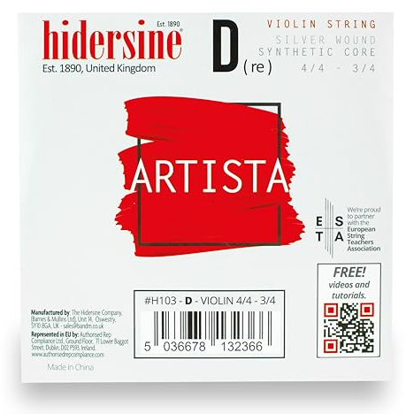 Hidersine Artista Series D Violin String for 4/4 & 3/4 Size Violins | Silver Wound, Synthetic Core Strings - Enhanced Warmth & Projection. For advancing students & accomplished adults
