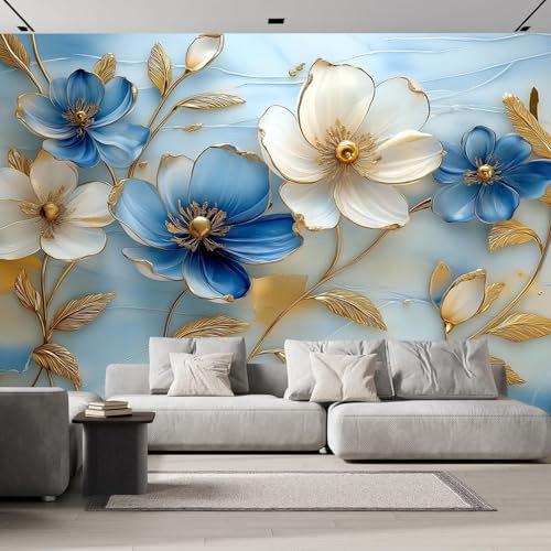 Fototapete Blaue Blumen 400x280cm XXL Wandtapete 3D Blumen Foto Tapete Motivtapeten Bildtapete 3d Effekt Wand Dekoration für Schlafzimmer Wohnzimmer Korridor