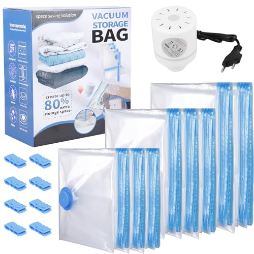 9 Stück Vakuumbeutel für Kleidung, Vacuum Bags für Bettdecken – 3 Größen (100x80, 80x60, 50 * 70 cm), mit Elektrischer Luftpumpe, Wiederverwendbar Vakuumierbeutel für Reise, Umzug & Aufbewahrung