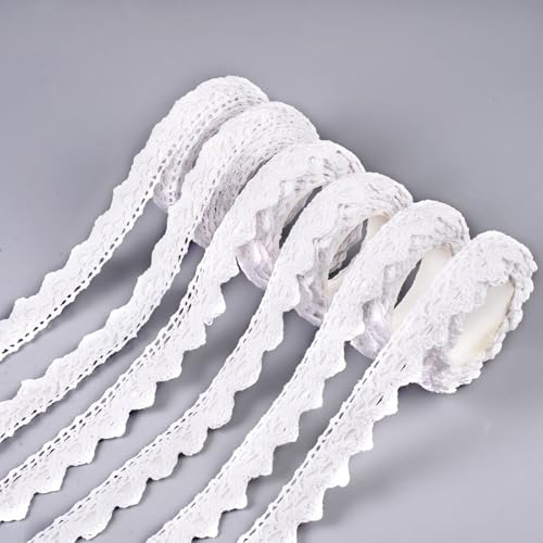 1.6 Cm X 11M Spitzenband Selbstklebend Weiß 6 Rolls Spitzenband Weiß Vintage, Spitzenborte, Schleifenband Spitze Selbstklebende, Häkelspitze Dekoband für DIY Hochzeit Tischdeko Basteln Geschenkband