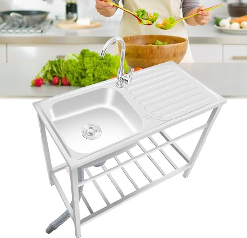 Freistehende Küchenspüle aus Edelstahl mit Wasserhahn, tragbar, Camping-Waschbecken mit Heiß- und Kaltwasserhahn, für Innen- und Außenbereich, 75 cm