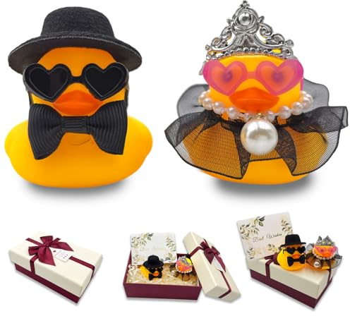 2er-Set Quietscheenten Braut und Bräutigam,Lustige Hochzeitsgeschenke für Brautpaar,Hochzeitspaar Figuren Klein mit Karte & Bogen Geschenkbox (Schwarz)