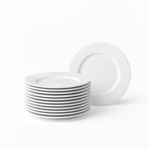 CasaSeleccion - 12 Platos de Postre de Porcelana Blanca - Juego de 12, Diseño Redondo, 19 cm, Aptos para Lavavajillas y Microondas, Color Blanco