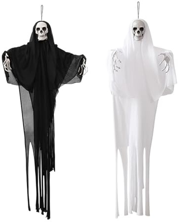 Halloween Deko Outdoor Hängende Geister – 2er Set Schwarz Weiß Gespenster Deko mit Beweglichen Armen, Gruselige Skelett Halloween Dekoration für Garten Haus Innen Außen
