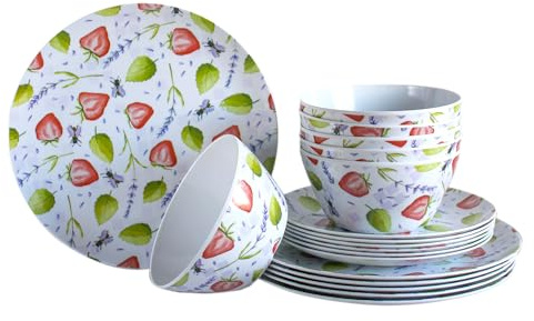 Juego de Vajilla de Melamina con Diseño de Fresas – 18 o 12 Piezas (18 platos para 6 personas)