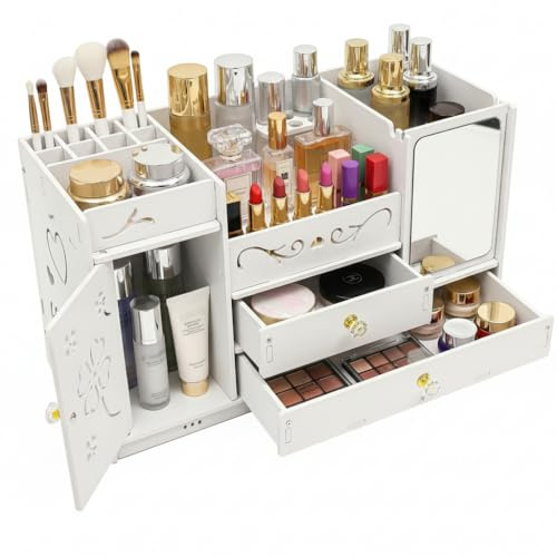 Suvnlsy Organizer per trucchi con cassetti e porte, contenitore per cosmetici in PVC impermeabile, grande organizer per trucchi per camera da letto, bagno, gioielli, profumo, cura della pelle
