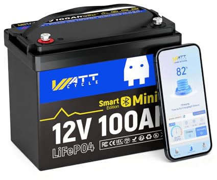 WattCycle 12V 100Ah Mini LiFePO4 Lithium Battery with Bluetooth, Smart 100A BMS, Low Temperature Protection, 1280Wh Deep Cycle Leisure Battery, 15000+ Cycles for Caravan, Boat, Solar & Backup Power