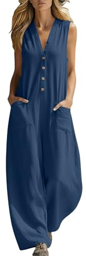 Jumpsuit Damen Elegant Sommer Overall Baumwolle Leinen Hosenanzug V-Ausschnitt Ärmellos Jumpsuits Weites Bein Playsuit Leinenhose Lang Romper mit Taschen Einteiler für Festlich Hochzeit und Alltags