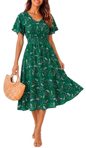 Timormode Summer Dresses for Women UK 2026 Floral V-Neck Short Sleeve Midi Dress Flowy Pleated Waist Casual Beach Dress