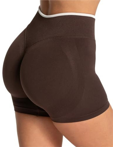 NFEKLFI Yogashorts för kvinnor, sömlösa, för gym, färgblock, sport, smal midja, elastiska, lyftande höftbyxor för löpning, brun, S