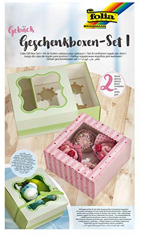 folia 48401 - Gebäck - Geschenkschachtel - Set I für 2 Boxen, lebensmittelechte Pappboxen je 20 x 20 x 10 cm, mit Sichtfenster und Einlage, ideal zum Verschenken von Muffins und Cupcakes