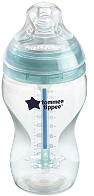 Tommee Tippee Anti-Kolik-Babyflasche, Natürlich geformter Trinksauger und Spezielles Anti-Kolik-Entlüftungssystem, 340 ml, 1er-Set, Klar (Farbe und Design kann variieren)