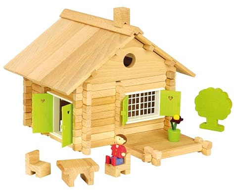 Jeujura - 8043- Jeux de Construction-Maison en Rondins - 135 Pieces | Personnage et accessoires inclus - Valisette de rangement - Jeu en bois enfant - Imagination - Fabriqué en France