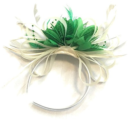 Fascinator mit Netz, Federn, Haarreif, für Hochzeit, Königsrennen und Jadegrün, Cremefarben / Elfenbein und Wald