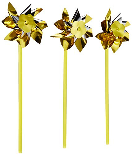 Bulk Pack 50 Gold and Silver Two-Tone Pinwheels - 12 Tall with 10 Plastic Stem - Indoor and Outdoor Use