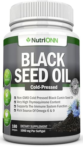 Black Seed Oil - 1000 Mg - 180 Softgels - Cold-Pressed Non-GMO Black Cumin Seed Capsules - Super High Thymoquinone Content - Nigella Sativa - Rich in Omega 6 & 9 Fatty Acids - Immune Health Support