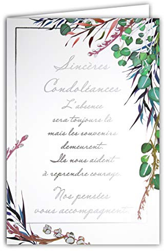 69-3064 Carte Sincères Condoléances avec Enveloppe Blanche - Courage Nos Pensées vous Accompagnent - Grand Texte Argenté Qui Brille - Format Fermé 11,5x17 cm - Fabriquée en France