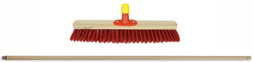 Novaliv Balai de rue 50 cm I Balai avec manche en bois I Elaston rouge I Balai industriel Balai de jardin Balai de cour Balai avec manche pour extérieur Balai de hall Balai terrasse