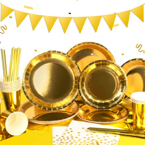 Yidaxing 122 pcs Vajilla de fiesta Cubiertos Desechables Oro, Servilletas y Pajitas De Papel Dorado para Fiestas, Bodas, Aniversarios, Cumpleaños (24 Invitados)