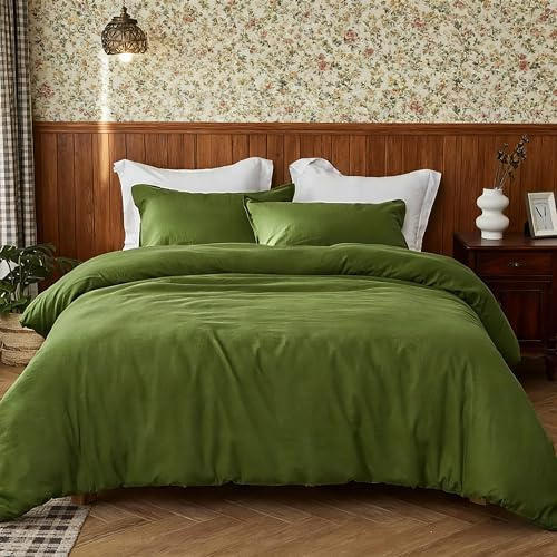 Simple&Opulence Linen Duvet Cover Double,Natural Linen Cotton Duvet Cover with Pillowcase,Duble Size Bedding Set,Soft Warm Breathable Bed Quilt Cover with Button Closure,200x200cm,Forest Green
