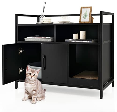 GYMAX Hidden Litter Box Enclosure with Scratching Board & Shelves(Black) | Wooden Cat Washroom Storage Cabinet Nightstand Side Table , Pet House Crate for Kitten