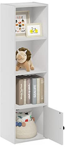 Furinno LUDER Bücherregal, 4-stöckiges modernes Bücherregal mit 1 Tür, offenes Standregal, Ausstellungsregal, 23,6 x 30,5 x 106 cm, für Wohnzimmer, Schlafzimmer, Heimbüro, Weiß