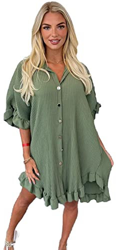 eyes Women’s Gold Button Pleated Short Sleeve Plain Collared Frill Hem Ladies Casual Loose Fit Oversized Baggy Plus Size Swing Summer Dresses for Women Khaki One Size 8-22