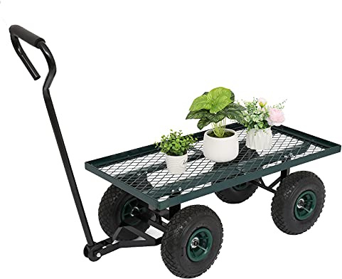 Outvita Metal Deck Garden Cart with 10” Air Tires, Heavy Duty Wagon Cart for Farm, Yard and Cargo (Green)