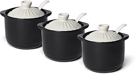 Azucarero de cerámica, azucarero con forma de cazuela retro, tapa de color, cerdo salado con cuchara de cerámica, azucarero de cerámica, tarros de especias de porcelana-rojo-3 juegos ( Color : White ,