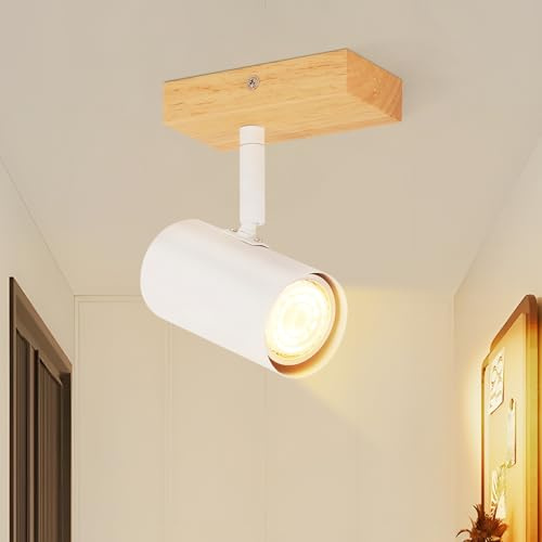 Glitzerlife Deckenstrahler 1 Flammig Flurlampe Holz - Deckenspots Flur Weiß Deckenleuchte Metall Modern GU10 350° Deckenlampe für Wohnzimmer Schlafzimmer Küche Treppe Esszimmer