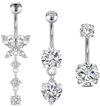 FECTAS 3pcs Bauchnabelpiercing 10mm Chirurgenstahl Silber Bauchpiercing Piercing Bauchnabel Schmuck Herz Schmetterling