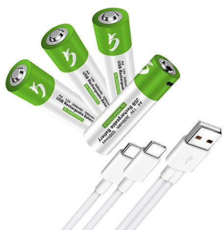 Lot de 4 batteries rechargeables USB AA lithium-ion 1,5 V 2600 mWh - Charge rapide 1 H - 1200 cycles avec câble de charge de type C - Protection contre la surcharge - Sortie constante