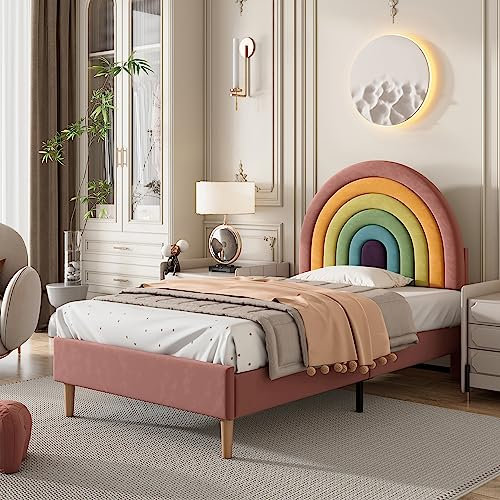 ModernLuxe Single Bed Frame with Slatted Frame and Height-adjustable Headboard, Wooden Slat Support, Easy Assembly, Upholstered Bed for Adults & Teenagers, Velvet, Pink, 90x190cm