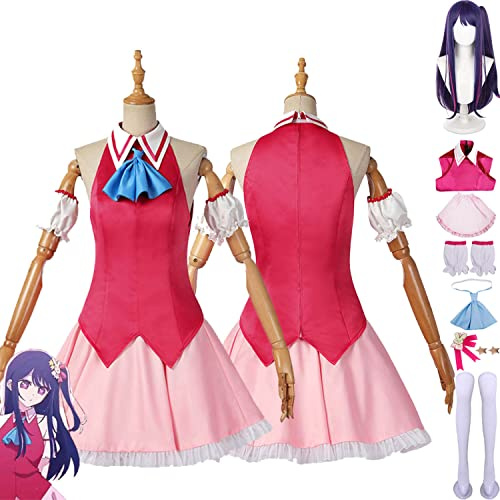 bbganlian Anime Oshi No Ko Hoshino Ai Cosplay Kostüm Outfit Rosa JK Uniform Komplettes Set Halloween Karneval Party Dress Up Anzug mit Perücke Kopfschmuck für Frauen Mädchen (S)