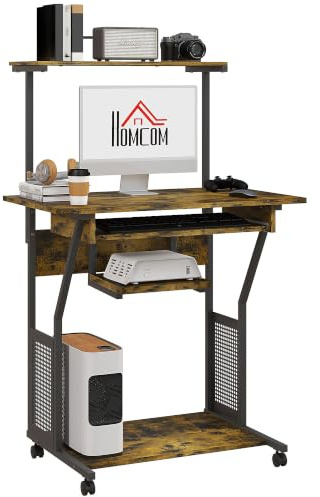 HOMCOM Mobile Computer Desk with Keyboard Tray 80 x 50 x 130cm Rustic Brown | Rolling Study Table, Storage Shelves and Wheels, Industrial Writing Desk, for Home Office
