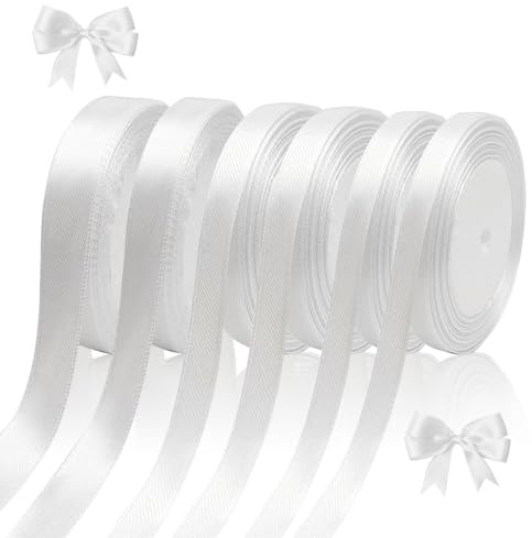 6 rullar satinband vit, 22 meter 6/10/15/20 mm brett vitt presentband satin band dekorativt band för presentförpackning pyssel dekoration bröllop dop födelsedag (22 m/rullar)