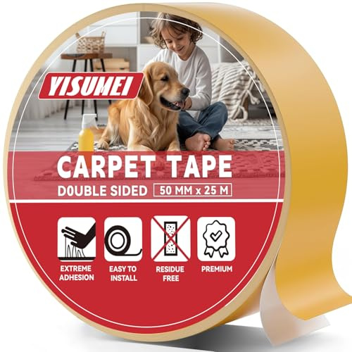 YISUMEI Heavy Duty Double Sided Carpet Tape -50mm x 25m - Extra Strong Rug Gripper for Carpets, Laminate & Hard Floors, No Residue Anti-Slip Adhesive