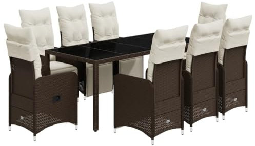 vidaXL Garten Bistroset 9-TLG., Balkonset mit Kissen, Gartenmöbel Tisch 8 Verstellbare Stühle, Balkonmöbel Sitzgruppe Gartengarnitur, Braun Poly Rattan