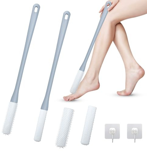 2 Stück Fußbürste Zehenbürste, weiche Silikonbürste mit langem Stiel zum Reinigen der Füße, Zehenwascher für die Dusche, mit 2 Ersatzbürstenköpfen und 2 Haken